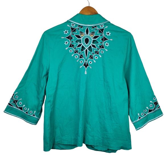 Bob Mackie Wearable Art Green Floral Embroidered Zip Up 3/4 Sleeve Jacket Sz M - Picture 2 of 6